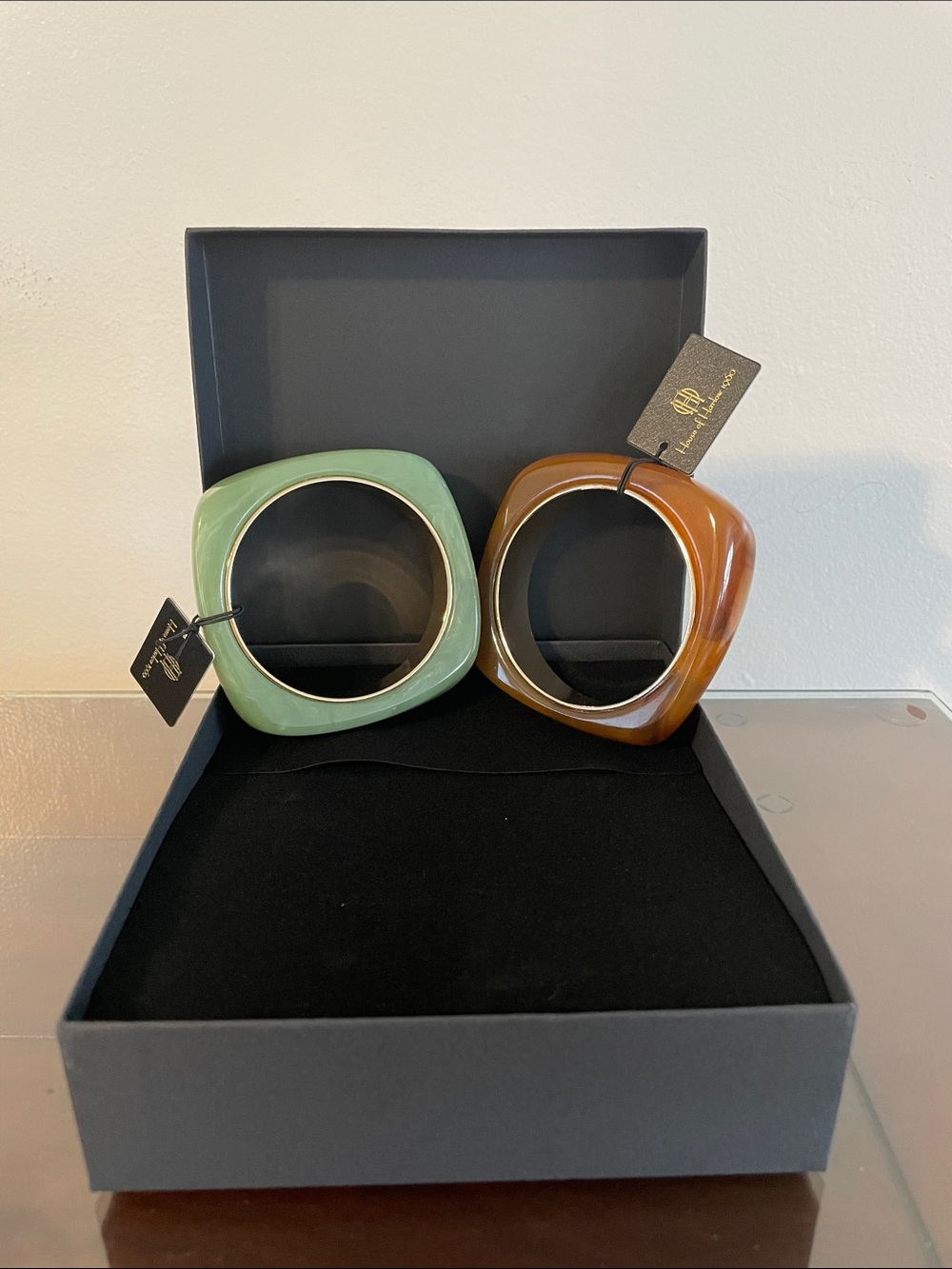 House of Harlow 1960 Square Resin Bangle set in Amber Brown and Jade Green
